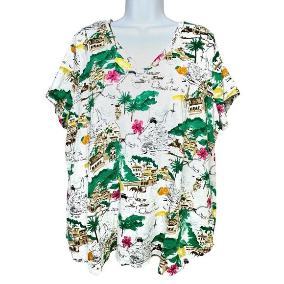 CYNTHIA ROWLEY Shirt Top Sz 2X Allover Print Amalfi Coast Italy Cotton V-Neck - Picture 1 of 9